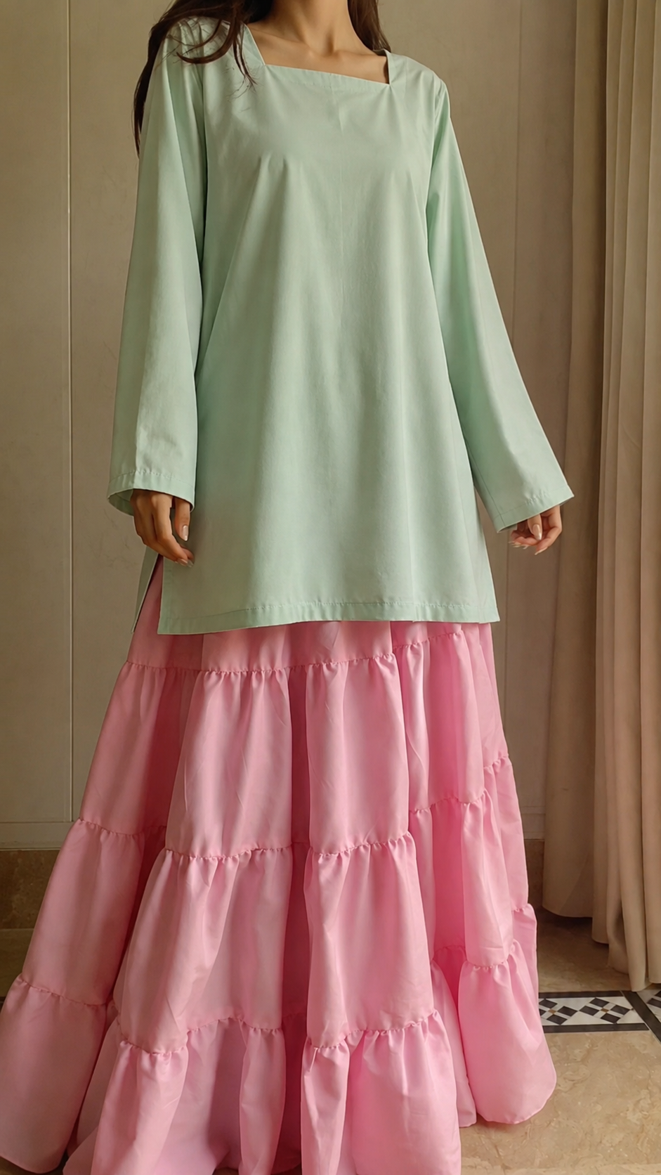 Mint Kurti With Pink Skirt