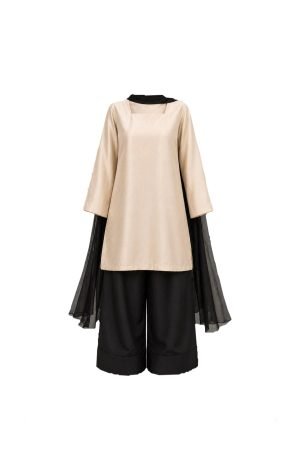 Cream Beige Kameez With Black Farshi Shalwar