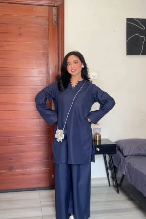 Navy Blue Kameez with Flared Plazo